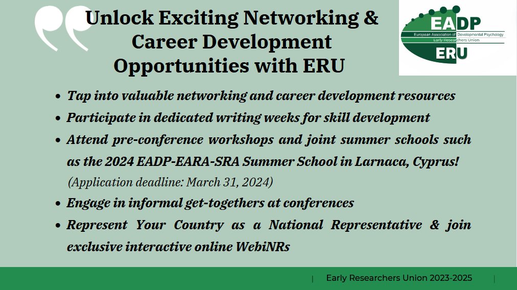 🌱 #ERU is dedicated to fostering career growth and networking  opportunities for early career researchers in developmental psychology! 🤝 Join us now to connect, learn, and thrive on your research journey. 🌐 @EADPtweets