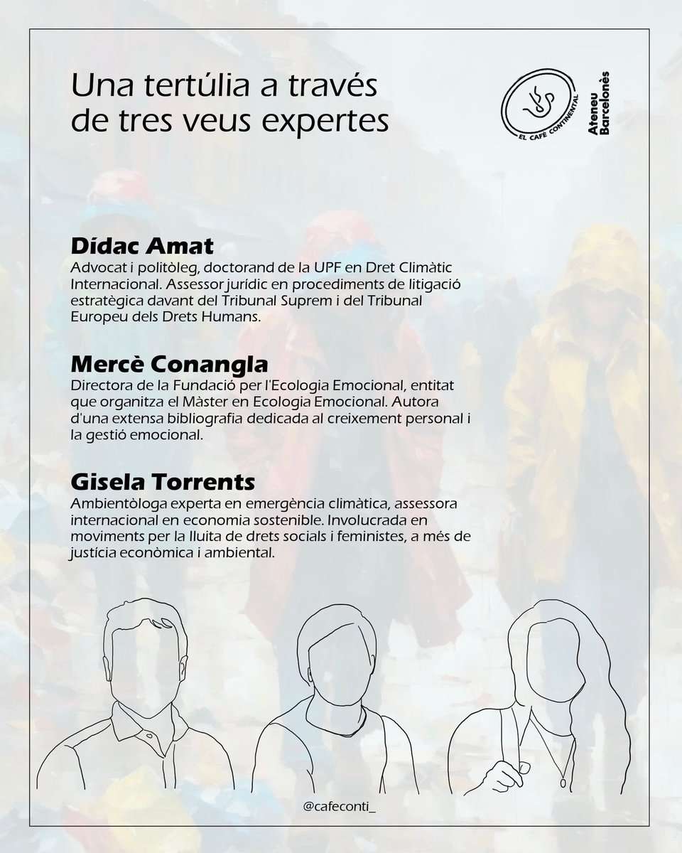 Cafè Continental ☕ (@cafeconti_) on Twitter photo ☕️Primera tertúlia del 2024!
🌍“Desgranant l’ecoansietat: conseqüències de la crisi climàtica”
📆Dijous 1 de febrer a les 18:30 a la Sala Borralleras de l’<a href="/ateneubcn/">Ateneu Barcelonès</a>
Amb <a href="/DAmatiPuigsech/">Didac Amat</a>, Mercè Conangla i @GMonegal
🌱Us hi esperem!
🔗 Inscripcions a: docs.google.com/forms/d/e/1FAI… ☕️Primera tertúlia del 2024!
🌍“Desgranant l’ecoansietat: conseqüències de la crisi climàtica”
📆Dijous 1 de febrer a les 18:30 a la Sala Borralleras de l’<a href="/ateneubcn/">Ateneu Barcelonès</a>
Amb <a href="/DAmatiPuigsech/">Didac Amat</a>, Mercè Conangla i @GMonegal
🌱Us hi esperem!
🔗 Inscripcions a: docs.google.com/forms/d/e/1FAI…
