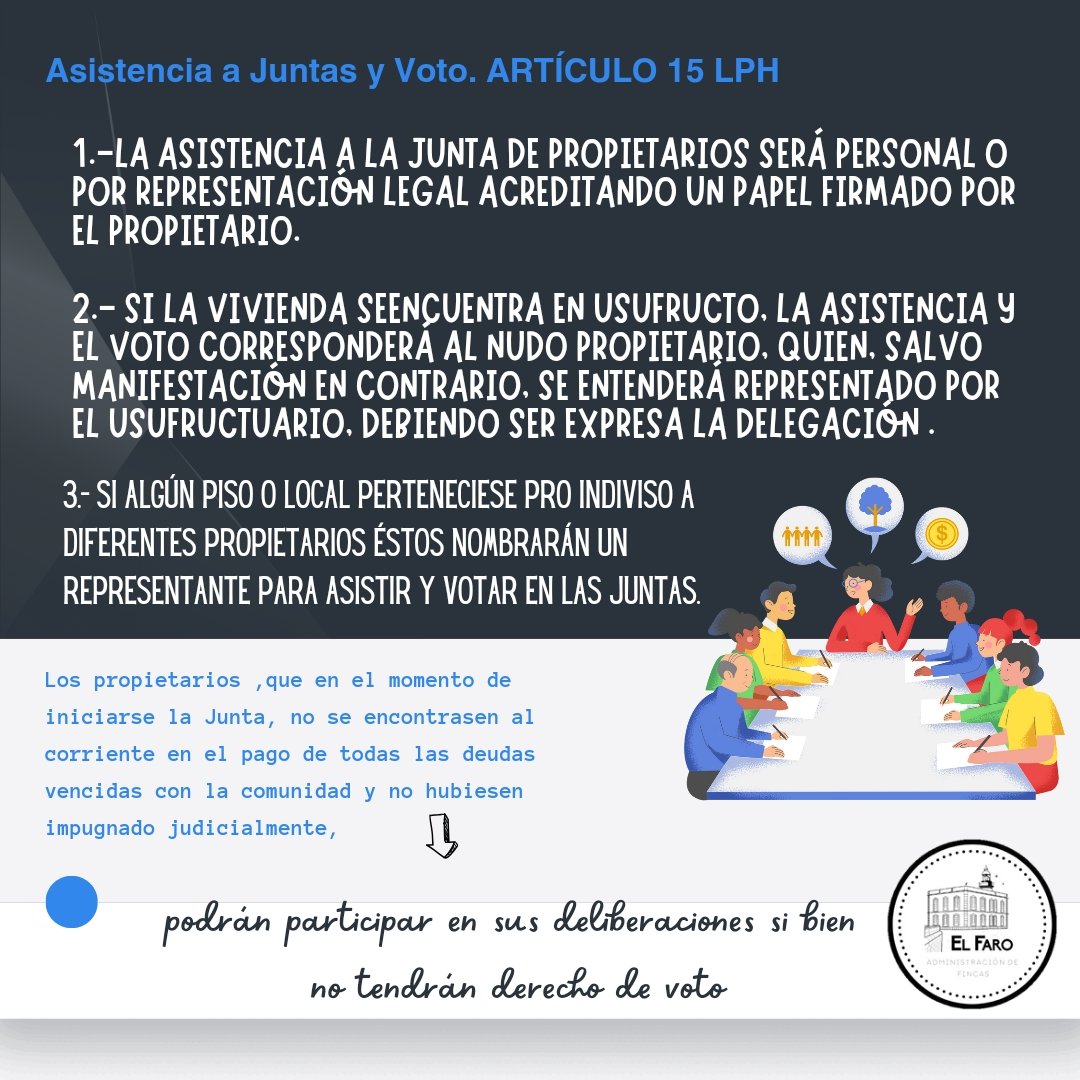¿Sabes si puedes asistir a una Junta de Propietarios y si puedes votar? 
El artículo 15 de la LPH te lo explica. 
☝️Aquí hacemos un breve resumen para que esteis informados.  #administradoresdefincas #AFColegiado #Melilla #vecinosinformados #comunidadesdepropietarios