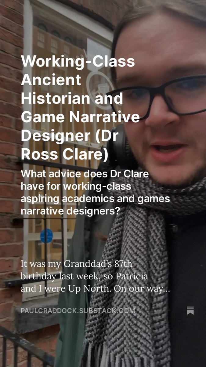 Paul Craddock (@pwcraddock1984) on Twitter photo Meet working-class ancient historian and game narrative designer <a href="/DrRossClare1/">Dr. Ross Clare</a>. Exciting job. Lovely man.
open.substack.com/pub/paulcraddo… Meet working-class ancient historian and game narrative designer <a href="/DrRossClare1/">Dr. Ross Clare</a>. Exciting job. Lovely man.
open.substack.com/pub/paulcraddo…