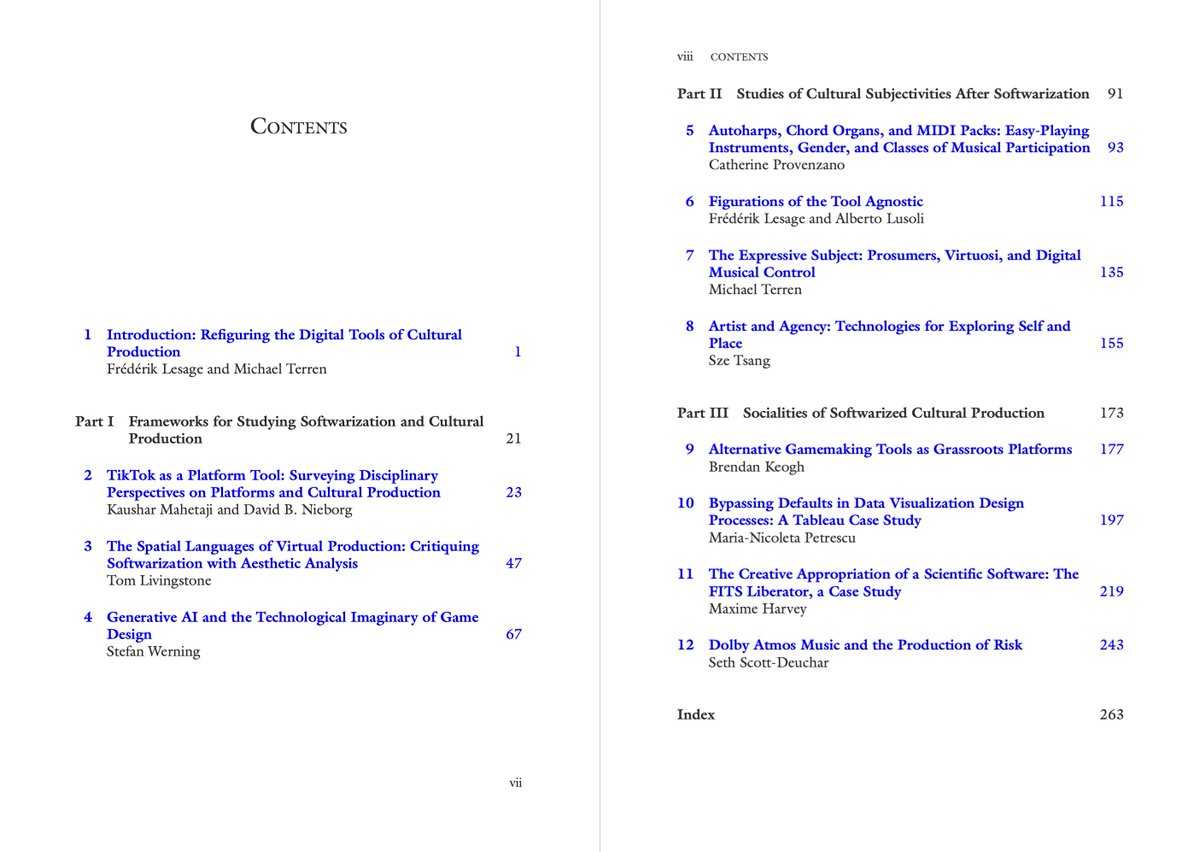 Hi, @frederiklesage and I co-edited a book that came out last week through Palgrave, 'Creative Tools and the Softwarization of Cultural Production.' An interdisciplinary critique and exploration of what being creative in the digital domain means today. link.springer.com/book/10.1007/9…