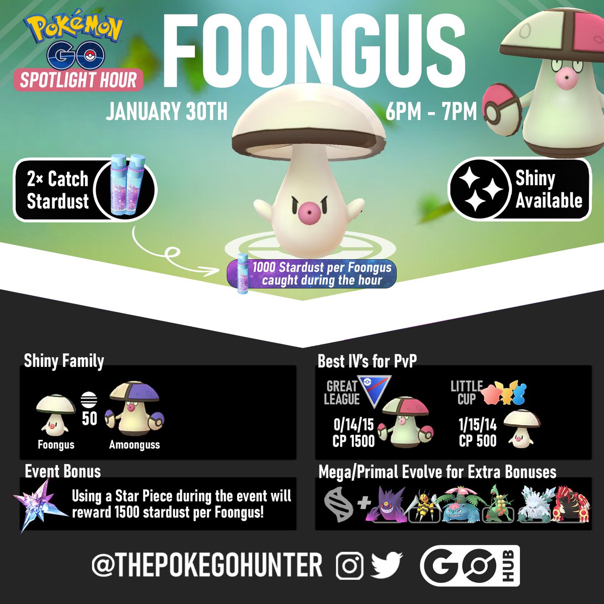 1000 Stardust per Foongus Catch! during Spotlight Hour this Tuesday 🍄👀✨ #PokemonGO