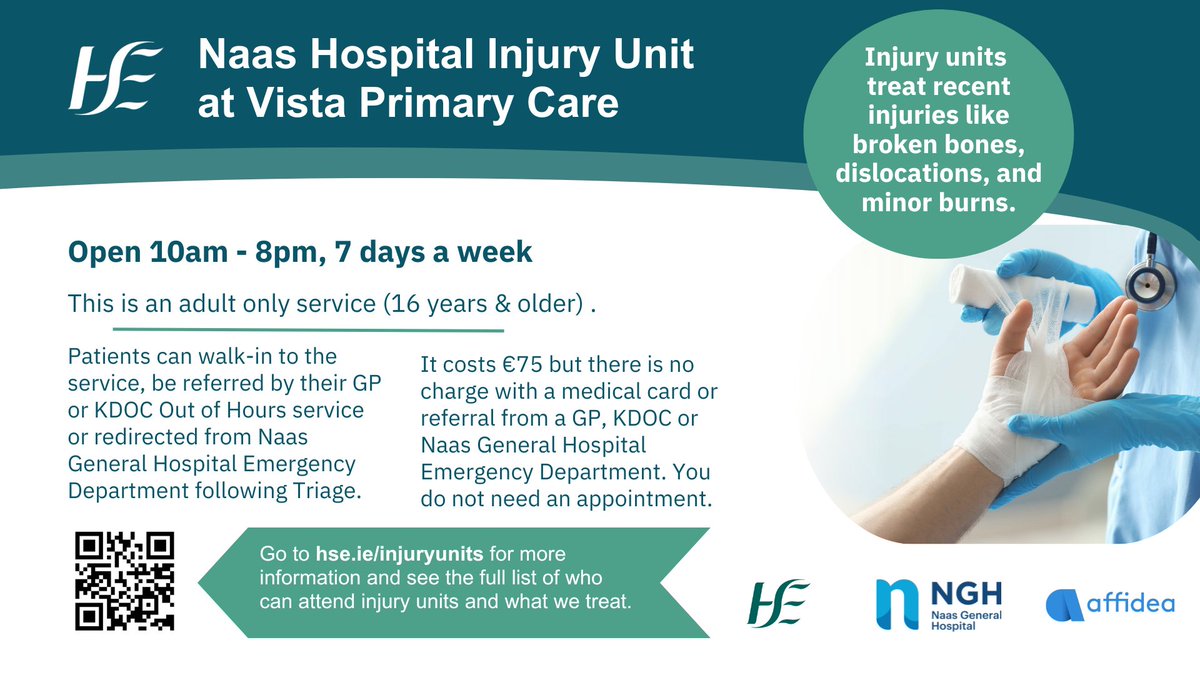 Naas General Hospital, @DMHospitalGroup and @HSECHO7 are delighted to announce the opening of a new #InjuryUnit at Vista Primary Care, Naas operated by @AffideaIreland Open 10am - 8pm, 7 days a week. This is an adult-only service (16 years & older). bit.ly/3UgbNgo