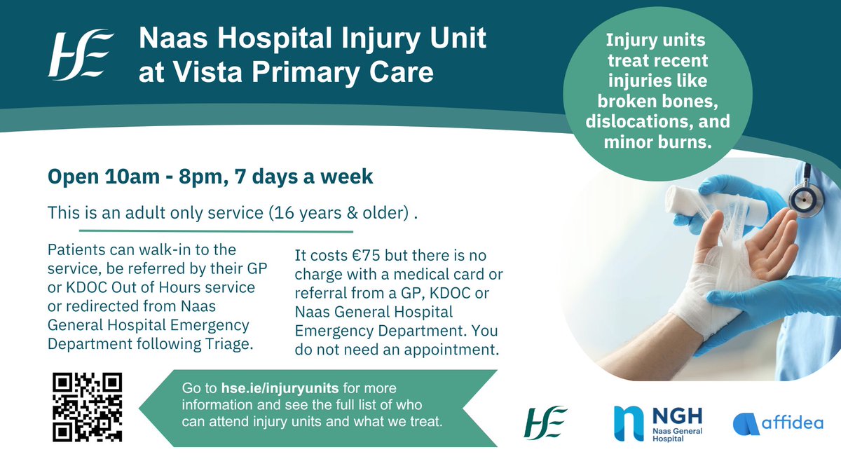 HSE Dublin South, Kildare & West Wicklow (@hsecho7) on Twitter photo Naas General Hospital, @DMHospitalGroup and <a href="/HSECHO7/">HSE Dublin South, Kildare & West Wicklow</a> are delighted to announce the opening of a new #InjuryUnit at Vista Primary Care, Naas operated by <a href="/AffideaIreland/">Affidea Ireland</a>
Open 10am - 8pm, 7 days a week. This is an adult-only service (16 years & older).
bit.ly/3UgbNgo Naas General Hospital, @DMHospitalGroup and <a href="/HSECHO7/">HSE Dublin South, Kildare & West Wicklow</a> are delighted to announce the opening of a new #InjuryUnit at Vista Primary Care, Naas operated by <a href="/AffideaIreland/">Affidea Ireland</a>
Open 10am - 8pm, 7 days a week. This is an adult-only service (16 years & older).
bit.ly/3UgbNgo
