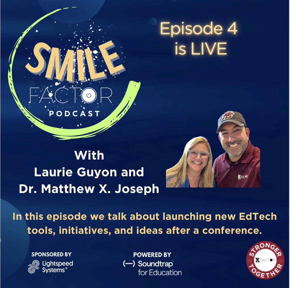 New episode of #SMILEFactor is live. Join @SMILELearning and me as we talk about maximizing learning and implementing ideas from events like #FETC Powered by @soundtrap Sponsored by @lightspeedsys Listen here: podcasters.spotify.com/pod/show/xfact… @JenWomble @Gregbagby @edtechdigest…