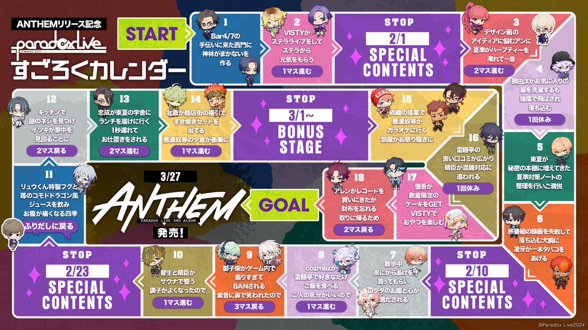 ／ 
ANTHEMリリース記念 🎉
すごろくカレンダー公開 📅
＼  

3rd album "ANTHEM"発売に向け
様々なSPECIAL CONTENTSをご用意✨

すごろくカレンダーで
公開予定日を今すぐチェック！☑👀

また、コンテンツ公開までの間は
すごろくでアーティストたちの日常を
楽しみながらお待ち下さい🎶

#パラライ
