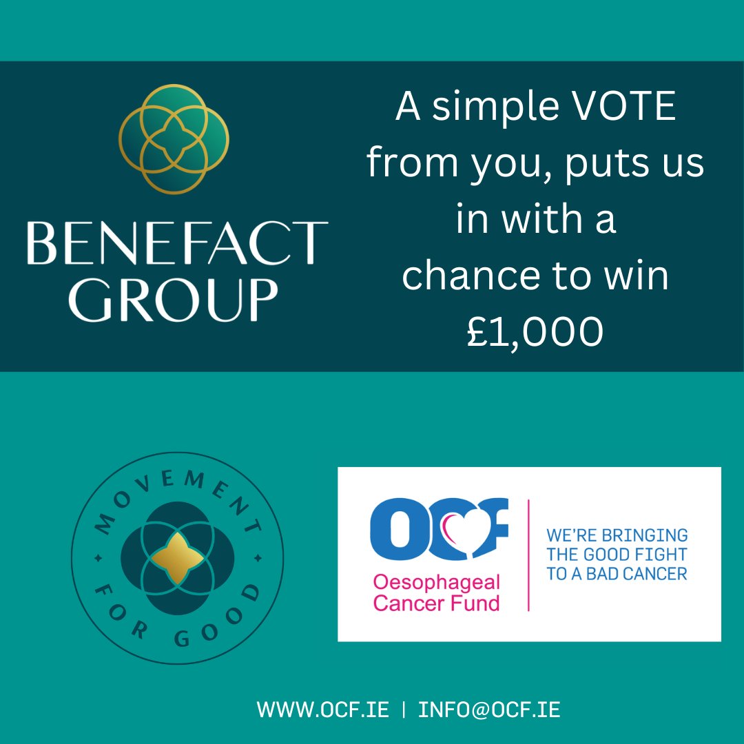 OesophagealCF's tweet photo. Have you 2 minutes to spare? Please nominate Oesophageal Cancer Fund for the Benefact Group £1,000 Movement for Good draws.
We would love your support- Click here https://t.co/bmiiIgw81I
20047726 - Oesophageal Cancer Research Fund 

#fightingcancer #cancerresearch #OCFbyyourside https://t.co/b43aKYLWlx