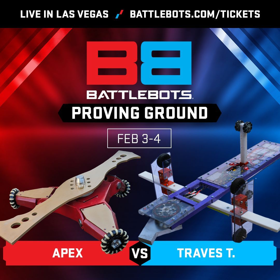 This weekend, don't miss an electrifying showdown in Las Vegas - It's BattleBots Proving Ground with Apex taking on Traves T. Catch all the action live at BattleBots Destruct-A-Thon! Get tickets at battlebots.com/tickets