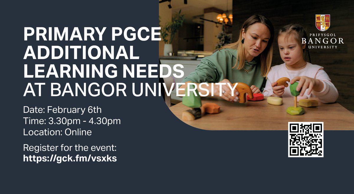 AddysgBangorEdu's tweet image. If you have an interest in training to become a Primary teacher and work with children with additional learning needs, both in mainstream and special schools, then we encourage you to join our event to learn - gck.fm/vsxks

#PGCE #Education #ALN