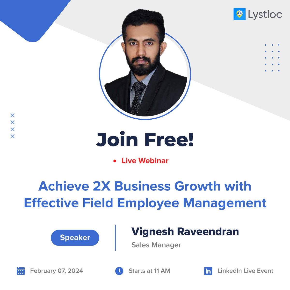 lystloc's tweet image. 📢Mark your calendar for a FREE LIVE WEBINAR to learn the hacks of effective field employee management!

When? Feb 7, 2024 (Wednesday), 11 am onwards⌚

How to book your seat? The registration link is in the comments