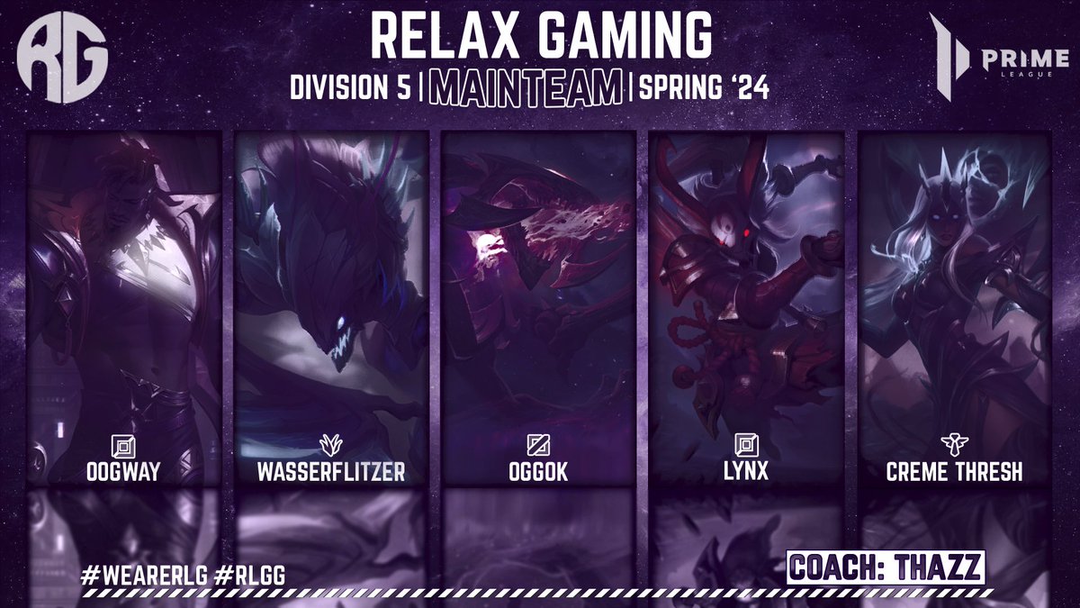 Last, but not least:

Unser neues #Main Team Roster:

Top » <a href="/Lol_Oogway/">Oogway</a> 
Jgl » <a href="/watervlice/">Alex German</a> 
Mid » <a href="/SGE_Oggok/">SGE_Fan69</a> 
ADC » @lynx_adc 
Supp » <a href="/rlg_support1/">Roman🇷🇺</a> 

👨‍🏫» <a href="/Real_ThaZz/">ThaZz</a> 

Alle guten Dinge sind bekanntlich drei!

Auf einen wilden Split💪

#PrimeLeague | #WeAreRLG | #RLGG