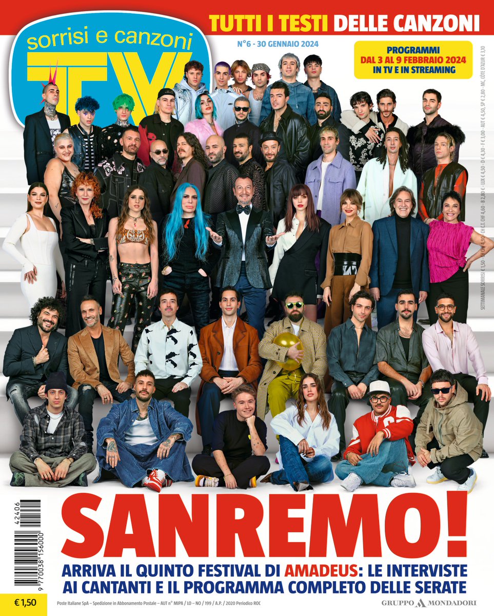 tvsorrisi's tweet photo. La nuova copertina della settimana è quella più attesa dell'anno: Amadeus, conduttore e direttore artistico della kermesse, e tutti gli artisti in gara a Sanremo 2024 💐 

Testi, interviste e foto esclusive: vi aspettiamo domani in edicola! 
#Sanremo2024 https://t.co/ObrZ1mxBC1
