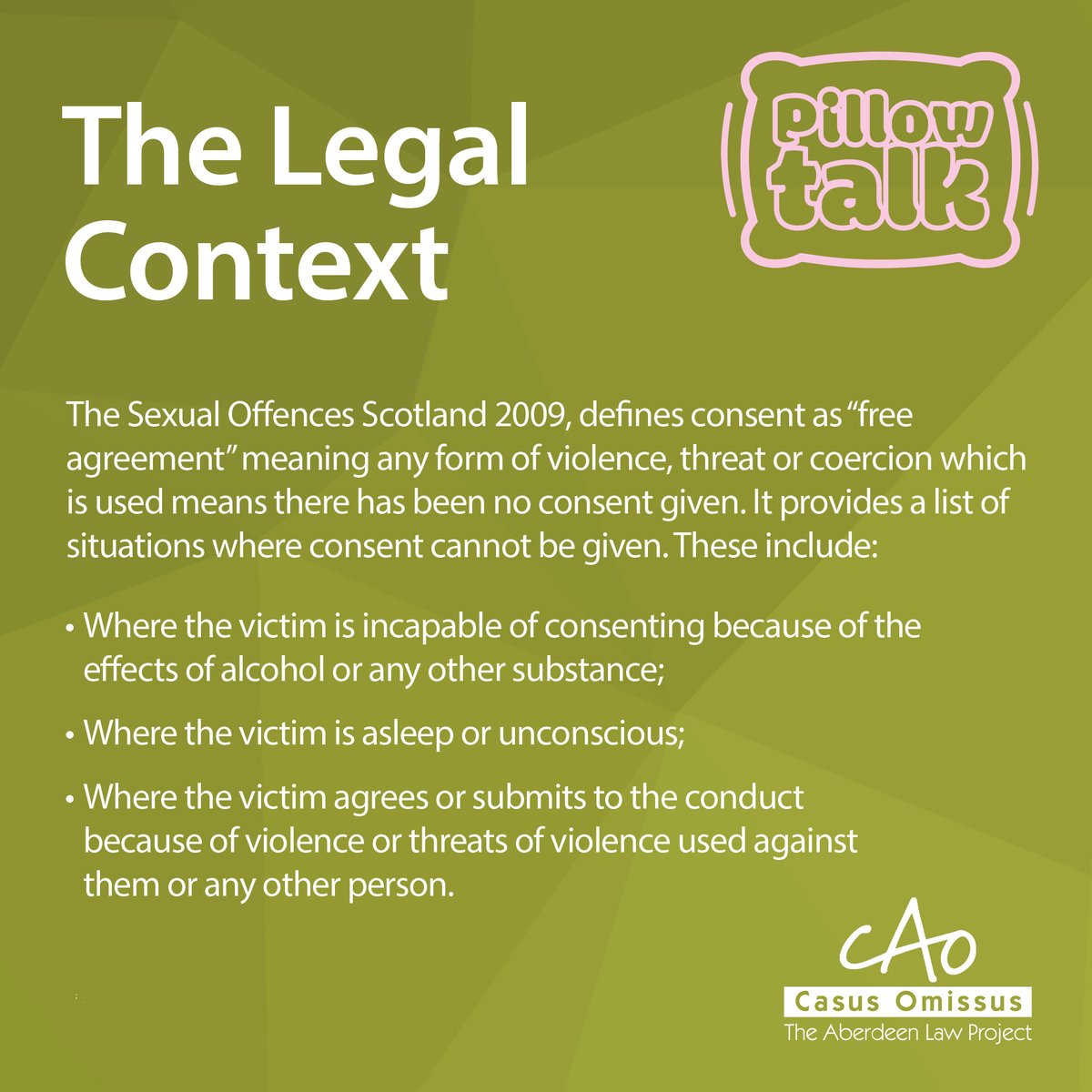 abdnlawproject's tweet photo. Our Pillowtalk project have been working hard on our social media campaign discussing the topic of sexual consent. We are pleased to release the first post of their campaign: what is consent, the legal context and how to ask for consent! #WeDoProBono 1/2 https://t.co/pxQDYIn6h1