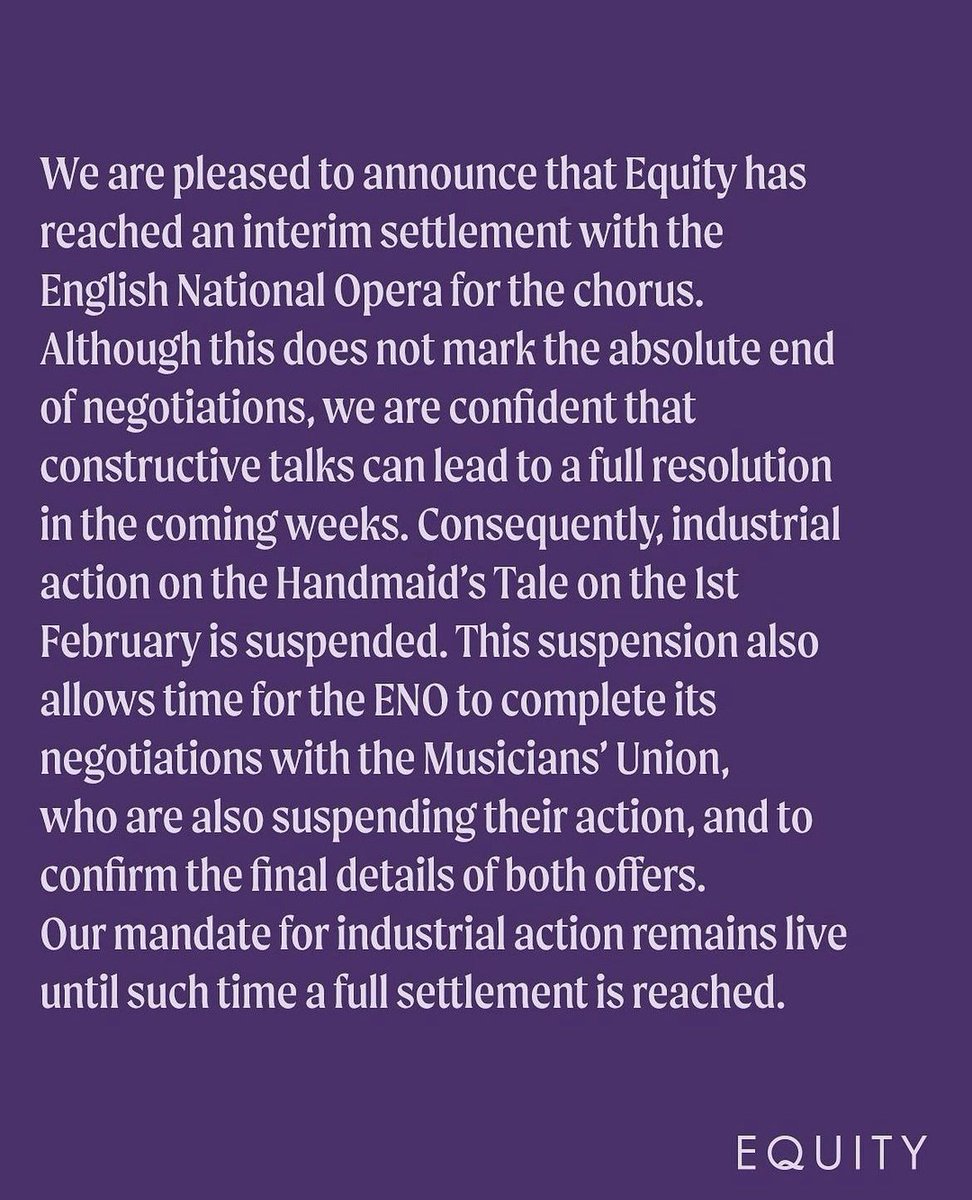 🚨Breaking News: ENO🚨

We are pleased to announce that Equity has reached an interim settlement with the English National Opera <a href="/E_N_O/">English National Opera</a> for the chorus. 

🧵1/3