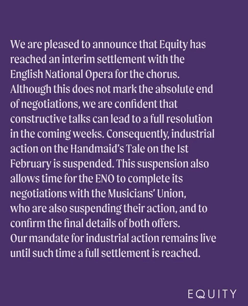 🚨Breaking News: ENO🚨 We are pleased to announce that Equity has reached an interim settlement with the English National Opera @E_N_O for the chorus. 🧵1/3