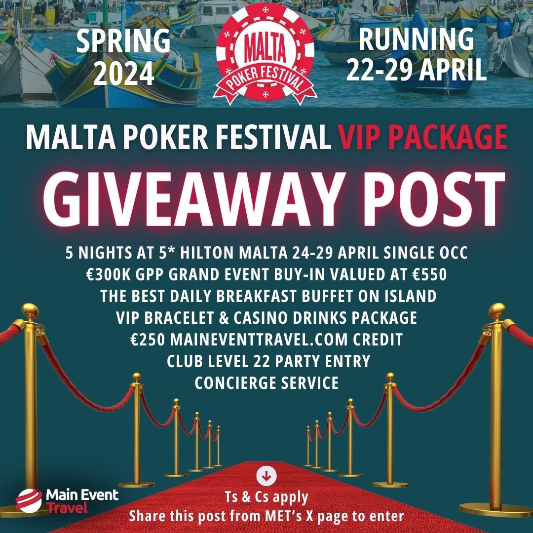 MainEventTravel's tweet image. GIVEAWAY POST🎟️🎟️🎟️ 
 
MET has teamed up with @maltapokerfest to send one lucky winner to Malta VIP Style with a 5* VIP Package Giveaway!!
 
🗣️ Spread the word about this fantastic festival and you could be on your way to Malta in April!!
 
➡️ TO ENTER
 
⭐️ Follow both…