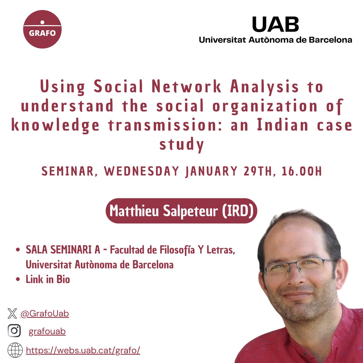 GrafoUab's tweet image. Today! Matthieu Salpeteur: Using Social Network Analysis to understand the social organization of knowledge transmission: an Indian case study 

teams.microsoft.com/l/meetup-join/…