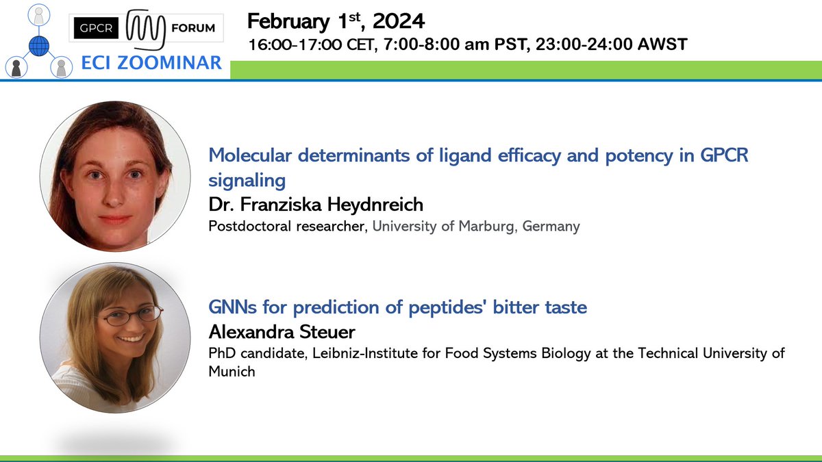 This week on February 1st (Thur.) at 4 pm, we will be hosting two excellent ECIs, Dr. Franziska Heydenreich and Alexandra Steuer. They will present their recent research‼️
To not miss this exciting event, please save the data.
#ECI_Forum_GPCR 
The login information is below👇👇👇