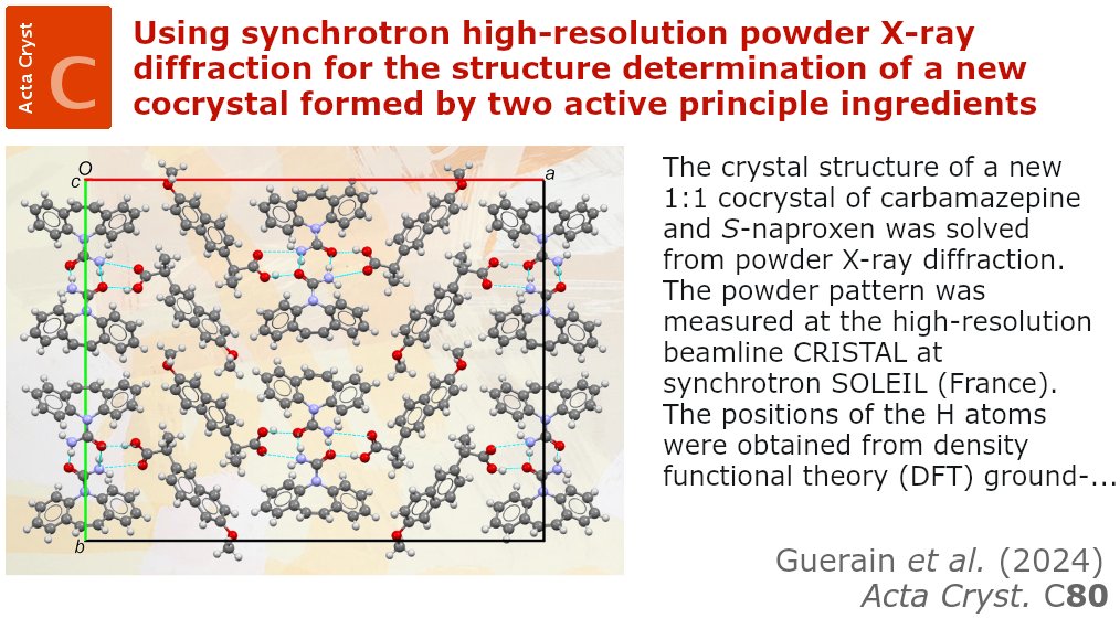 A new cocrystal formed by two active principle ingredients <a href="/ActaCrystC/">Structural Chemistry</a> <a href="/IUCr/">IUCr</a> doi.org/10.1107/S20532… <a href="/univ_lille/">Université de Lille</a> <a href="/INRAE_HdF/">INRAE Hauts-de-France</a> <a href="/synchroSOLEIL/">Synchrotron SOLEIL</a> <a href="/EUinmyRegion/">EUinmyRegion🇪🇺</a> #powderdiffraction #API #carbamazepine #naproxen #cocrystal #PXRD #crystalstructure #crystallography #openaccess