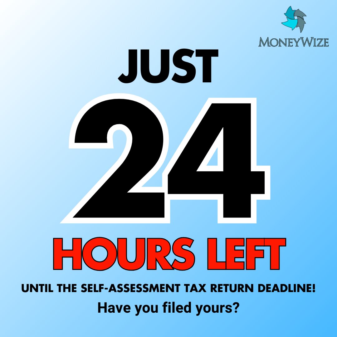 24 hours remaining! The self-assessment tax return deadline is nearly here. Don't leave it for later – act now and file with confidence. Your financial well-being is just a day away! ⏳

For more info visit: moneywize.co.uk

#moneywize #TaxDeadline #TaxDeadlineAlert