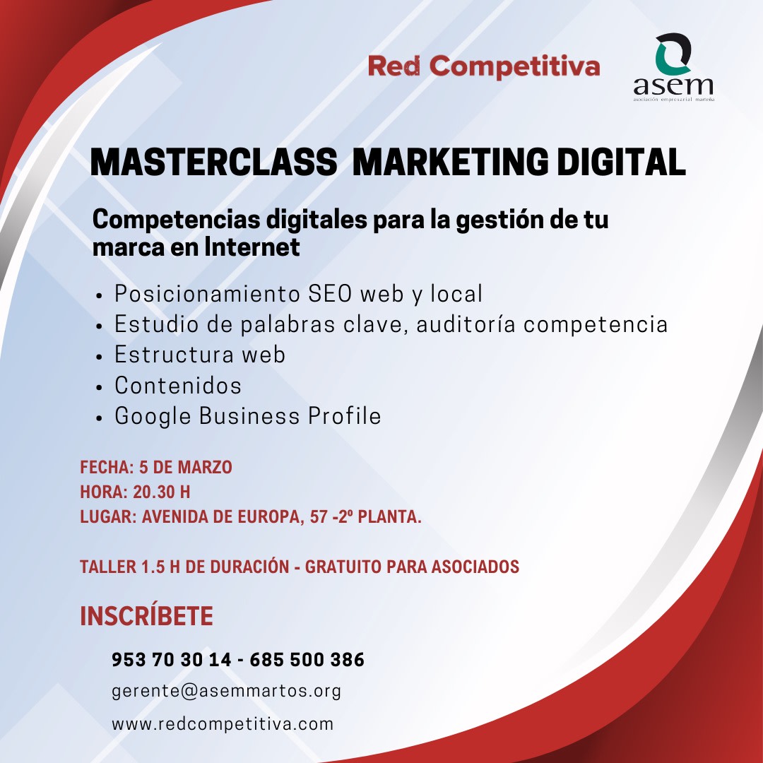 RedCompetitiva's tweet photo. Comenzamos el año junto a ASEM con Masterclass de formación en competencias digitales para los asociados. 

✅Estrategia Social Media - 20 de Febrero
✅Posicionamiento SEO - 5 de Marzo

Inscripciones para asociados. 
gerente@asemmartos.org
953703014

#marketingdigital https://t.co/gAn3qGSFjB