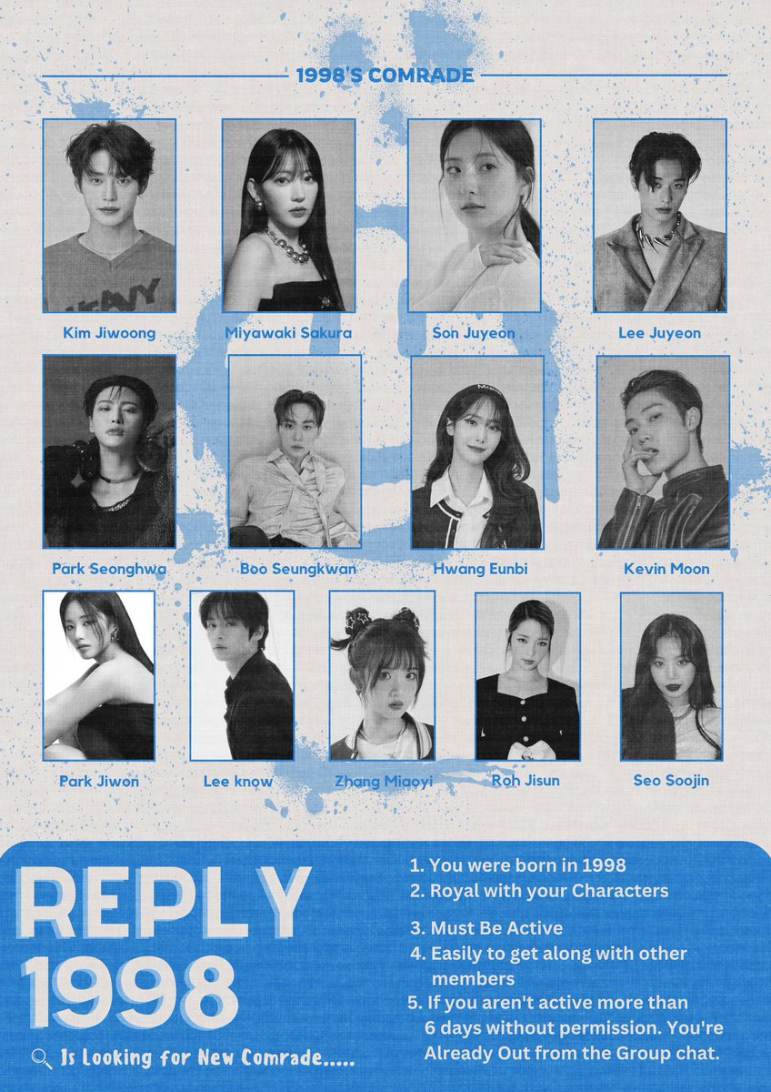 Hey! This is REPLY 1998! We’re in search of young people born in 1998 to join our GDM and bring some energy to the group. The rules and face claims that have already been taken are included in the image. If your face isn’t listed, please reply in the comment section!