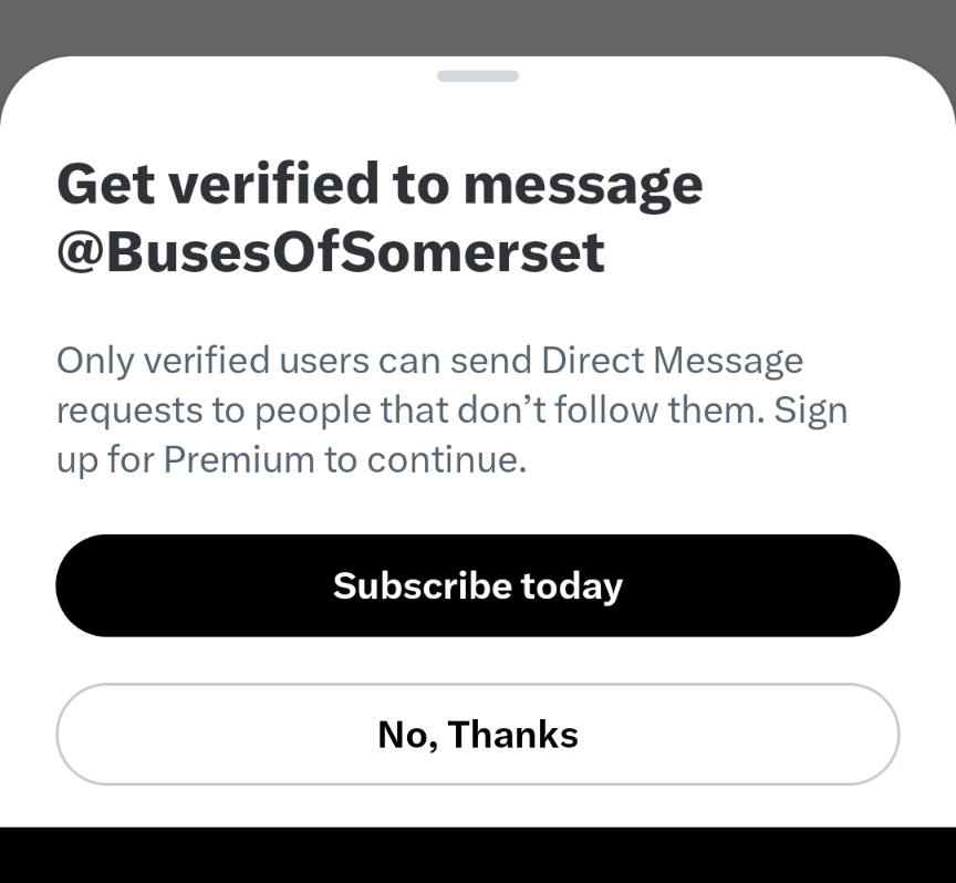 k8e2002's tweet photo. @BusesOfSomerset Unfortunately, I'm unable to send a DM as it says I need to subscribe. https://t.co/7CI6B5SgyV