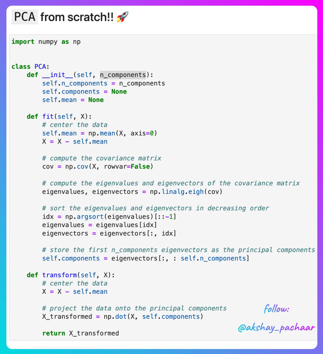 PCA from scratch using Python 🔥 Principal Component Analysis is a powerful technique for dimensionality reduction and data visualisation. -- step by step explanation with code -- Let's go! 🚀