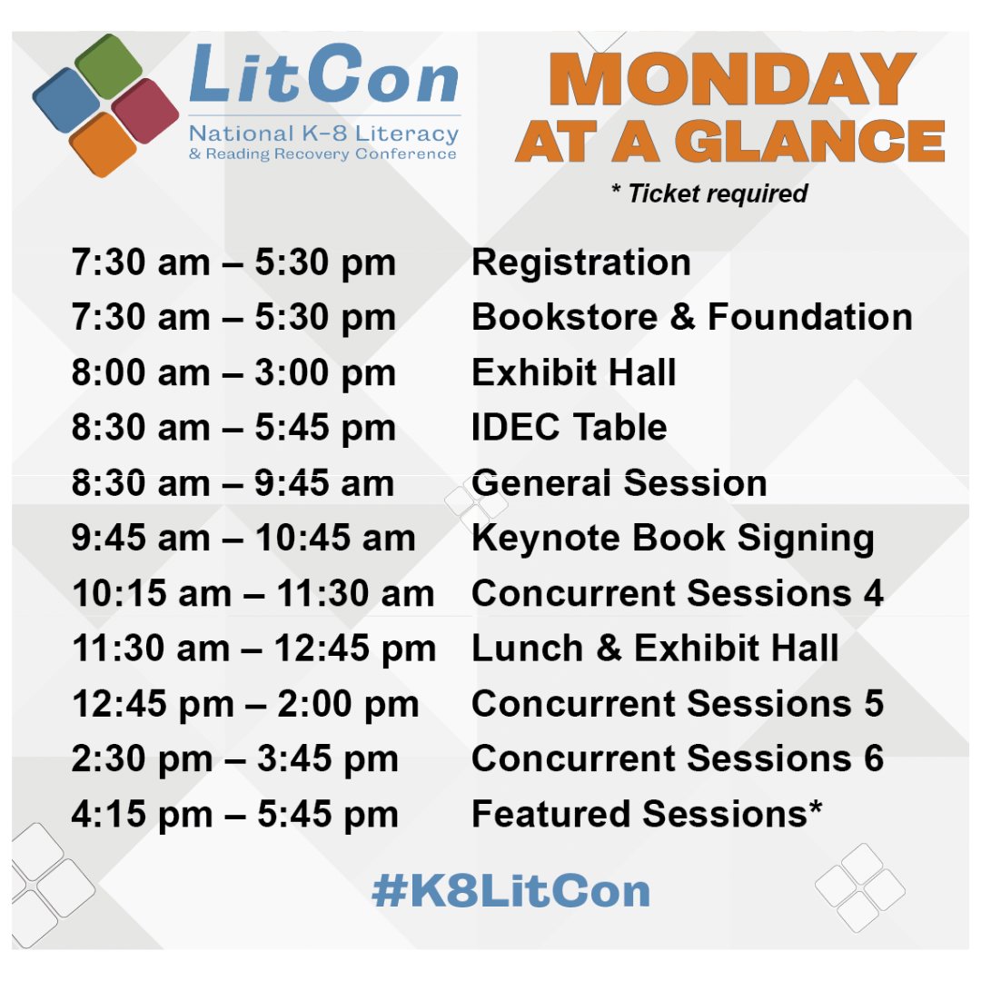 Monday Funday at LitCon kicks off with a keynote by Peter Johnston at 8:30 am, followed by tons of concurrent sessions and featured sessions with THE Mary Fried, @abriceno21 @CuevasAntillon & more! #k8litcon