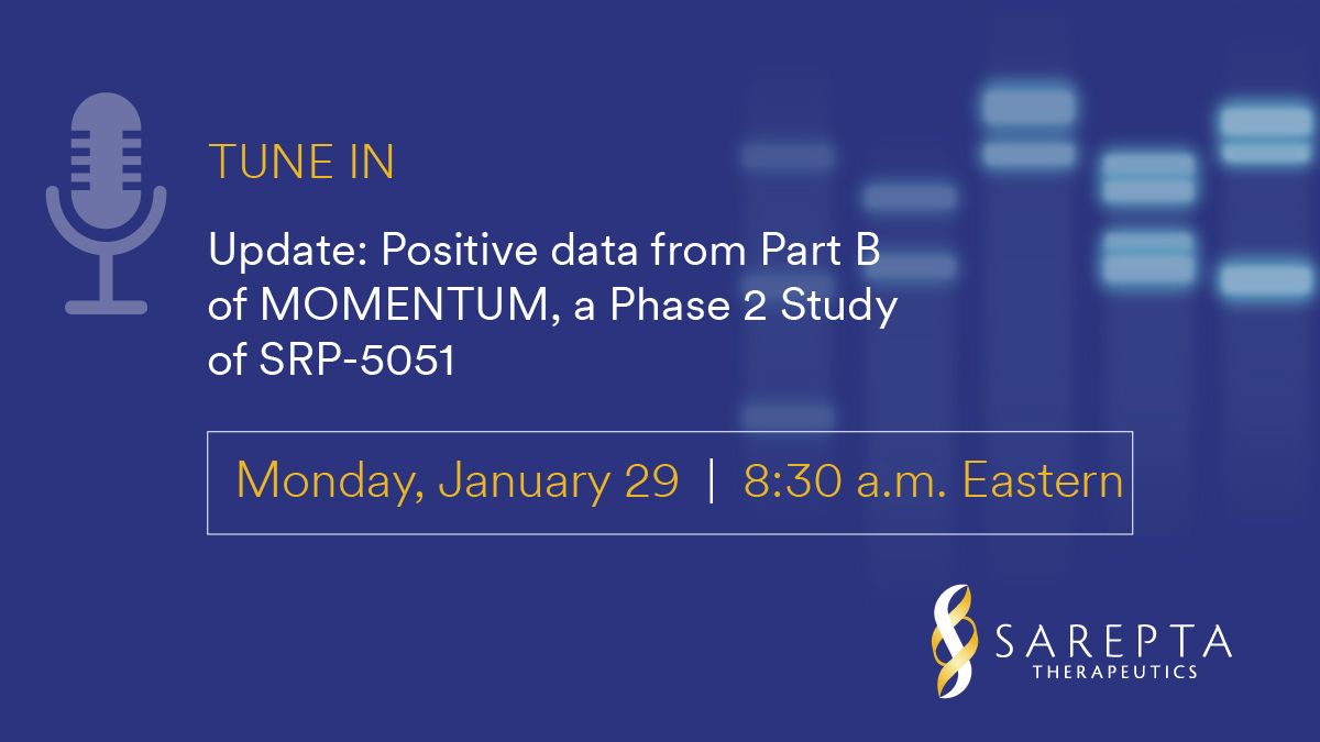 Listen live: SRPT leadership shares an update on Study SRP-5051-201, MOMENTUM. bit.ly/42lGp1Z