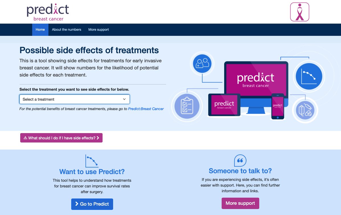 If you are weighing up treatments for breast cancer, you can now look up the likelihoods of side effects of different options - along with support on what to do about them at ….predict.side-effects.wintoncentre.uk A site to go alongside breast.predict.nhs.uk which shows potential benefits