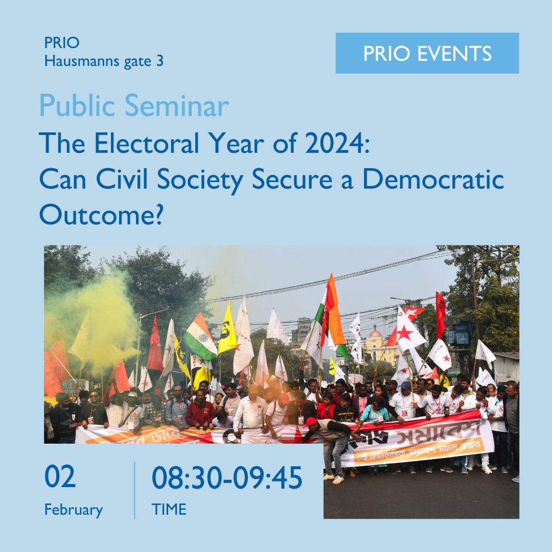 PRIO (@prioresearch) on Twitter photo With 65 elections scheduled, 2024 is seen as the make-or-break year for democracy worldwide.
Join us at PRIO this Friday, 08:30am, for a seminar with <a href="/Harvard/">Harvard University</a>'s <a href="/EricaChenoweth/">Erica Chenoweth</a> & <a href="/norskfolkehjelp/">Norsk Folkehjelp</a> SecGen <a href="/RaymondJohansen/">Raymond Johansen</a>.
Last seats! Register now ⤵️
prio.org/events/9105 With 65 elections scheduled, 2024 is seen as the make-or-break year for democracy worldwide.
Join us at PRIO this Friday, 08:30am, for a seminar with <a href="/Harvard/">Harvard University</a>'s <a href="/EricaChenoweth/">Erica Chenoweth</a> & <a href="/norskfolkehjelp/">Norsk Folkehjelp</a> SecGen <a href="/RaymondJohansen/">Raymond Johansen</a>.
Last seats! Register now ⤵️
prio.org/events/9105
