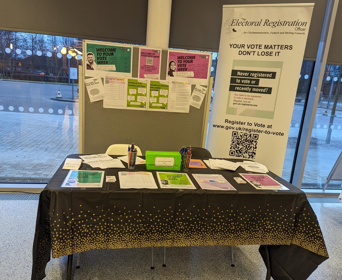 Are you around <a href="/FVCollege/">Forth Valley College</a> Stirling today, Thu 1 Feb from 10am to 2pm, come and visit our stall to discuss all things Electoral Registration.  Check if you are registered, get registered, arrange an absent vote or even ask about Voter ID. saa.gov.uk/central/
#welcometoyourvote