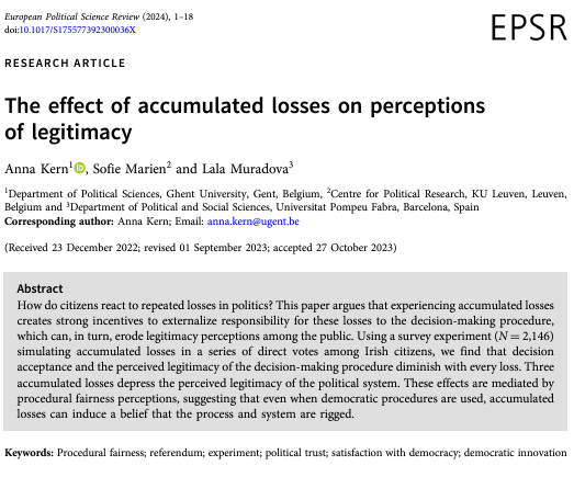 🚨 What happens when political losses accumulate? 🚨 In a recent open-access paper in @EPSRjournal, @_SofieMarien, @LalaHMur and I show that repeated losses erode the perceived legitimacy of political systems cambridge.org/core/journals/… 🧵1/6