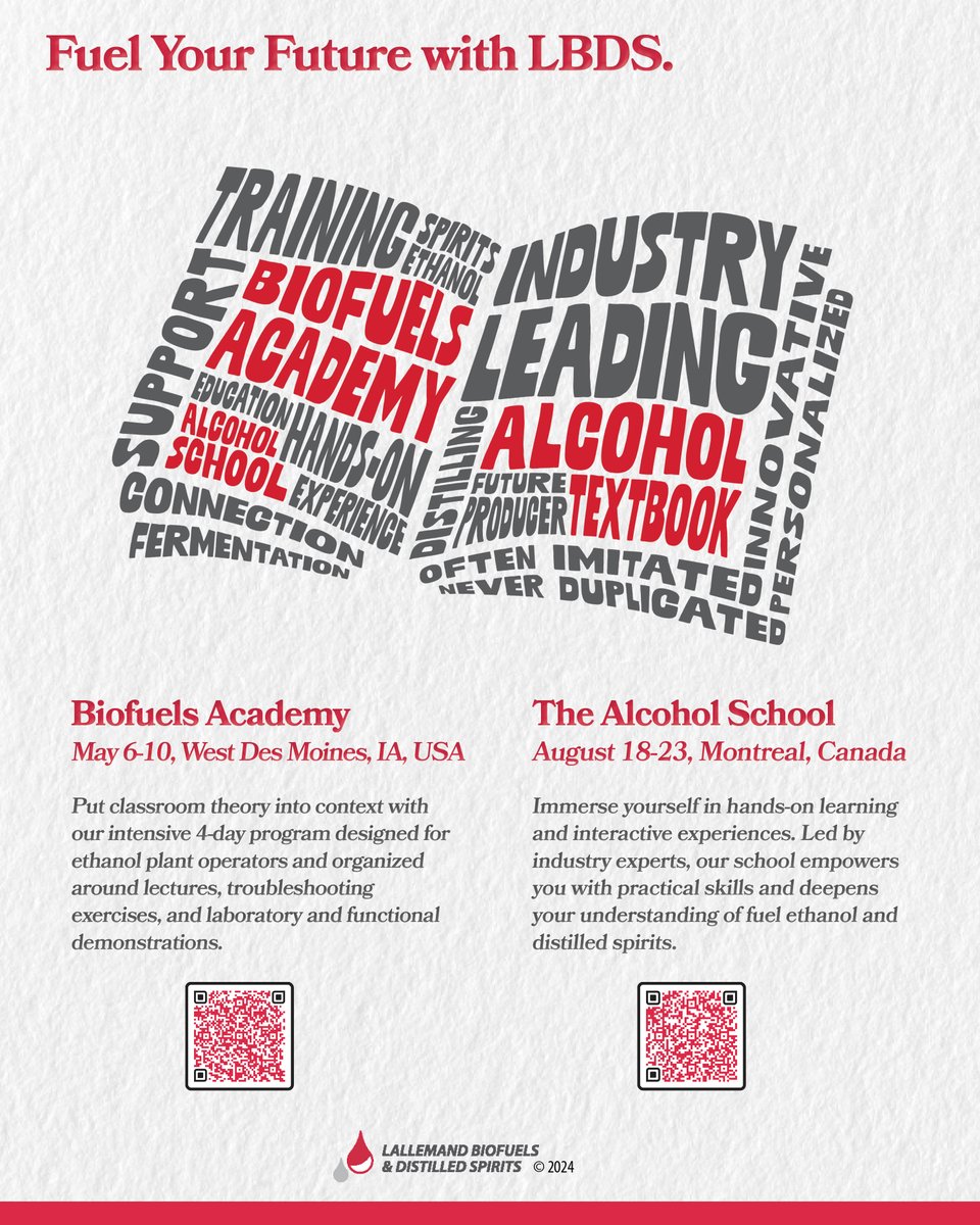 Get ready to fuel your future with LBDS education! Join us at our upcoming educational programs in North America for fuel ethanol producers. Scan the QR codes or visit bit.ly/4b7t6Gj to learn more about how we can help you write the next exciting chapter of your career!