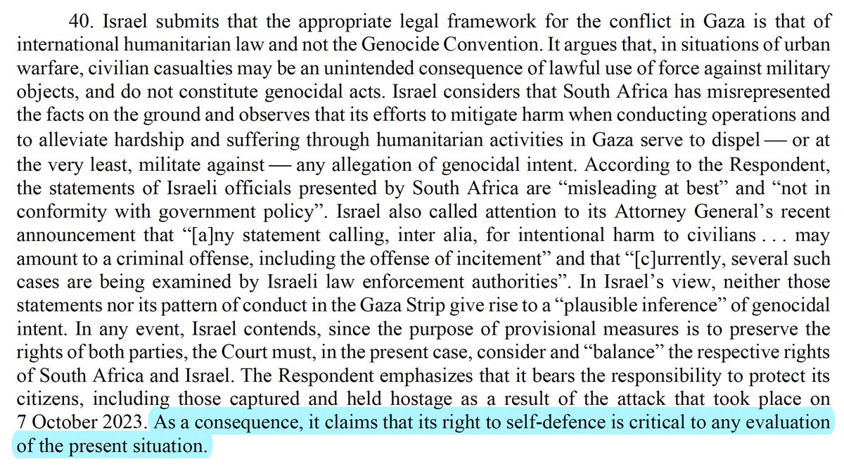 Short 🧵 on the ICJ's order and self-defense. 1. The Court mentions self-defense twice, when it summarizes Israel's arguments (a) that the Court lacks prima facie jurisdiction and (b) that the rights claimed by South Africa are not plausible. The Court rejected both arguments.
