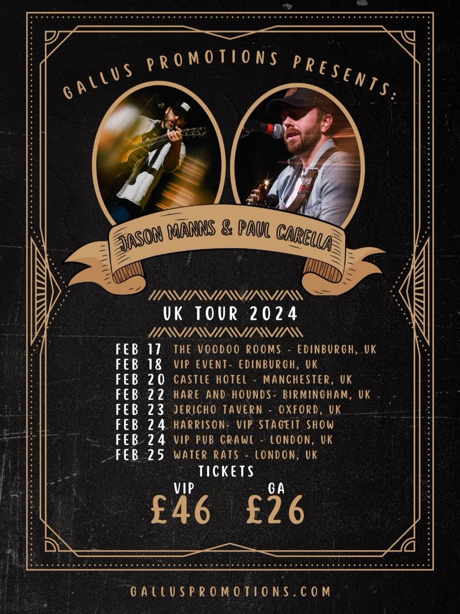 #UnitedKingdom #music fans of #singersongwriters looking for a great Evening of music? Then check out @PaulCarella & @jasonmanns at one of their stops on their UK Tour click on Link for 🎟 #NewMusicMonday #EDINBURGH #Manchester #Birmingham #Oxford #London eventbrite.com/o/gallus-promo…