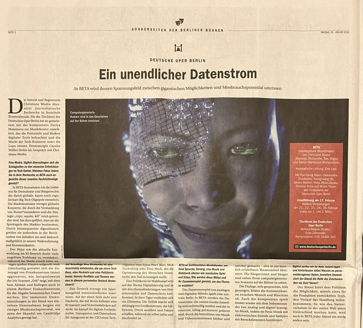 Interview in der Berliner Zeitung zum investigativen Musiktheater BETA über die Macht von Big Tech.
Uraufführung ist am 17. Februar. in der Tischlerei der @deutscheoperberlin, <a href="/investigativeth/">InvestigativeTheater</a>, <a href="/schub_/">Markus Schubert</a>