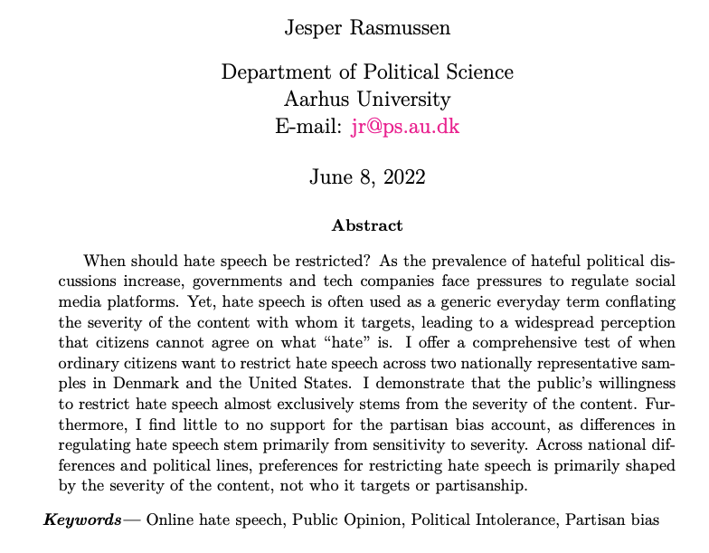 Fascinating new 📰by @FranziskaPradel @janzilinsky @KosmidisSpyros @Yannis_Theo reaches same conclusion as my paper on public opinion on hate speech laws (doi.org/10.31234/osf.i…). These studies suggest public demand for content moderation is ⬇️⬇️ than previously thought