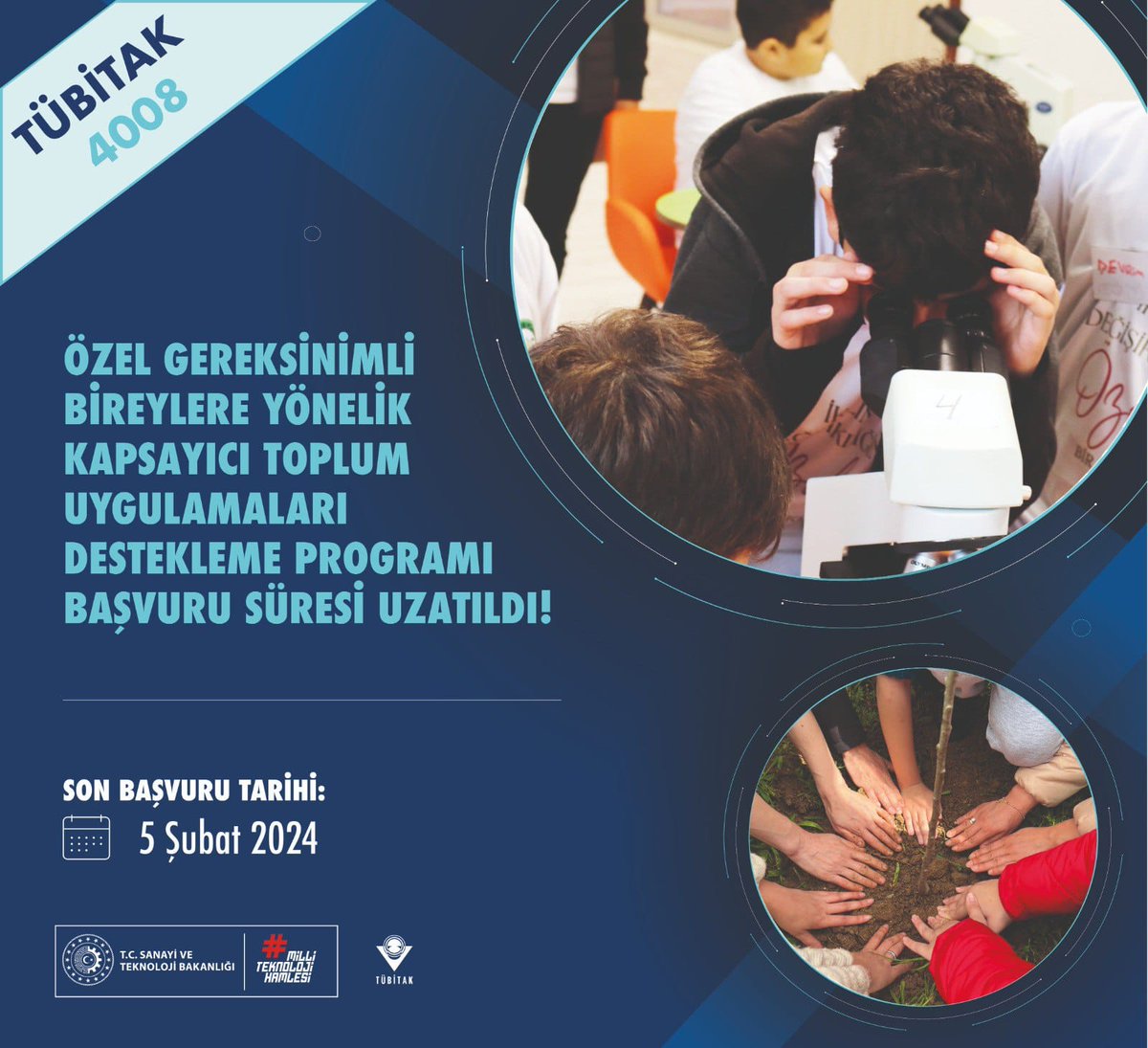 📢 4008 Özel Gereksinimli Bireylere Yönelik Kapsayıcı Toplum Uygulamaları Destekleme Programı başvuru tarihi uzatıldı!

Son başvuru tarihi:
🗓️ 05 Şubat 2024
⏰ 17.30

Başvuru için: 👇
bilimtoplum-pbs.tubitak.gov.tr

Detaylar: 👇
tubitak.gov.tr/tr/duyuru/4008…