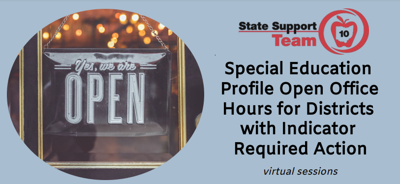 sst10's tweet photo. Join us this afternoon from 3-4 pm for Special Education Profile Open Office Hours for districts with indicator required action. Our special education consultants will discuss the indicators and hold a Q&amp;A. Register for the link to join at https://t.co/8eWym56PYt. https://t.co/9dmOeJKF0J
