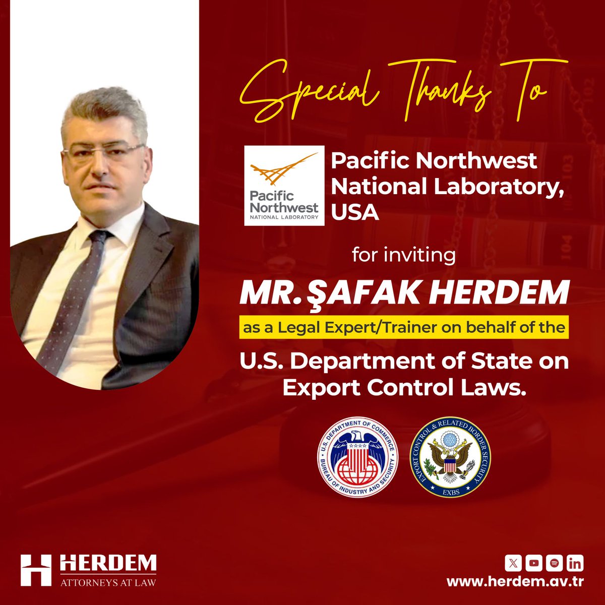 𝐄𝐱𝐜𝐢𝐭𝐢𝐧𝐠 𝐍𝐞𝐰𝐬 𝐀𝐥𝐞𝐫𝐭! Hats off to the Pacific Northwest National Laboratory in the United States for extending a warm invitation to none other than Mr. Safak Herdem! 
#ExportControl #GlobalExpertise #USDeptofState #Thankful #StayTuned #herdem #attorneysatlaw #US