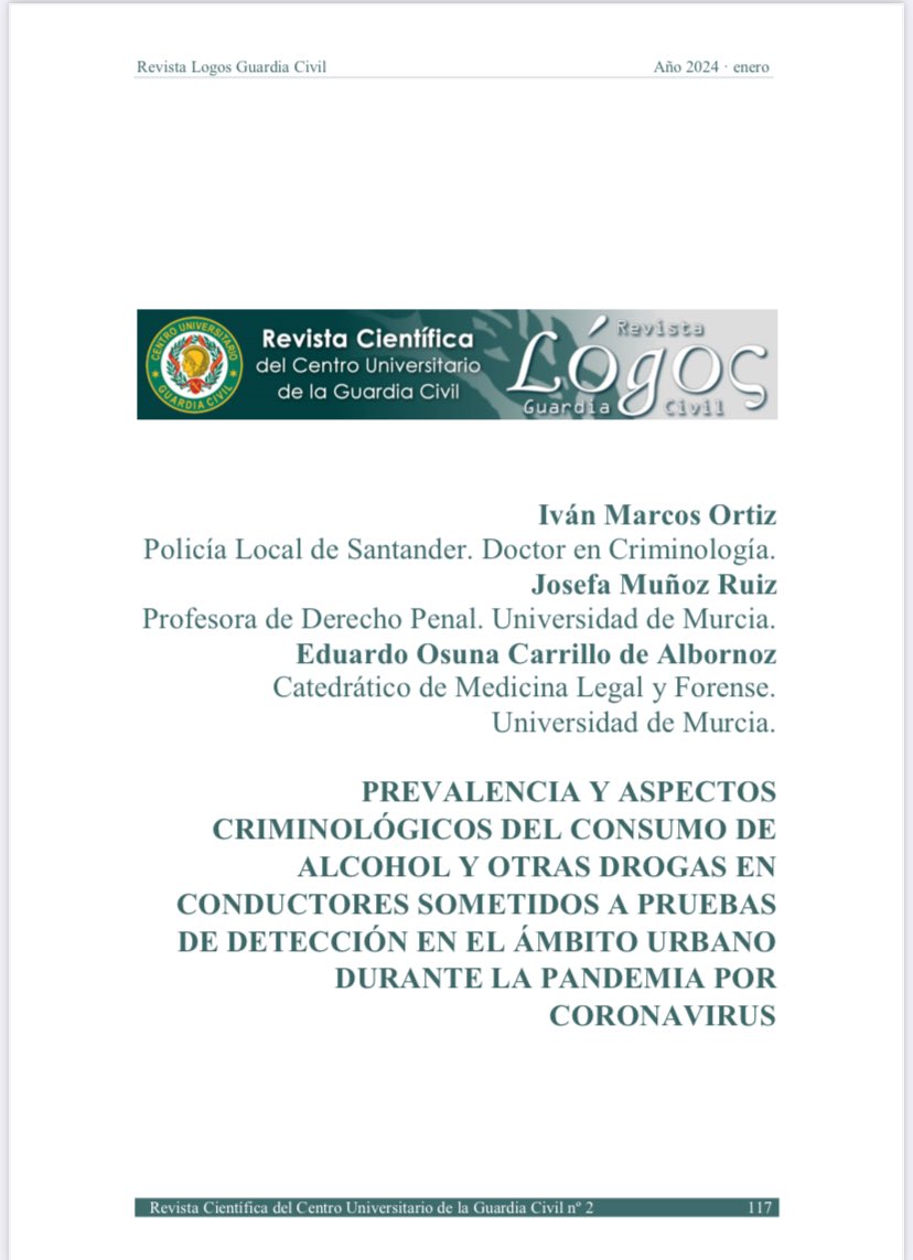 imarcos1's tweet photo. Os invito a leer el artículo de investigación sobre prevalencia y aspectos criminológicos del consumo de alcohol y otras drogas en conductores sometidos a pruebas de detección en el ámbito urbano durante la pandemia por coronavirus. 

¡Espero que os guste!
https://t.co/iqj7owsiAX https://t.co/MFe7f5EjeJ