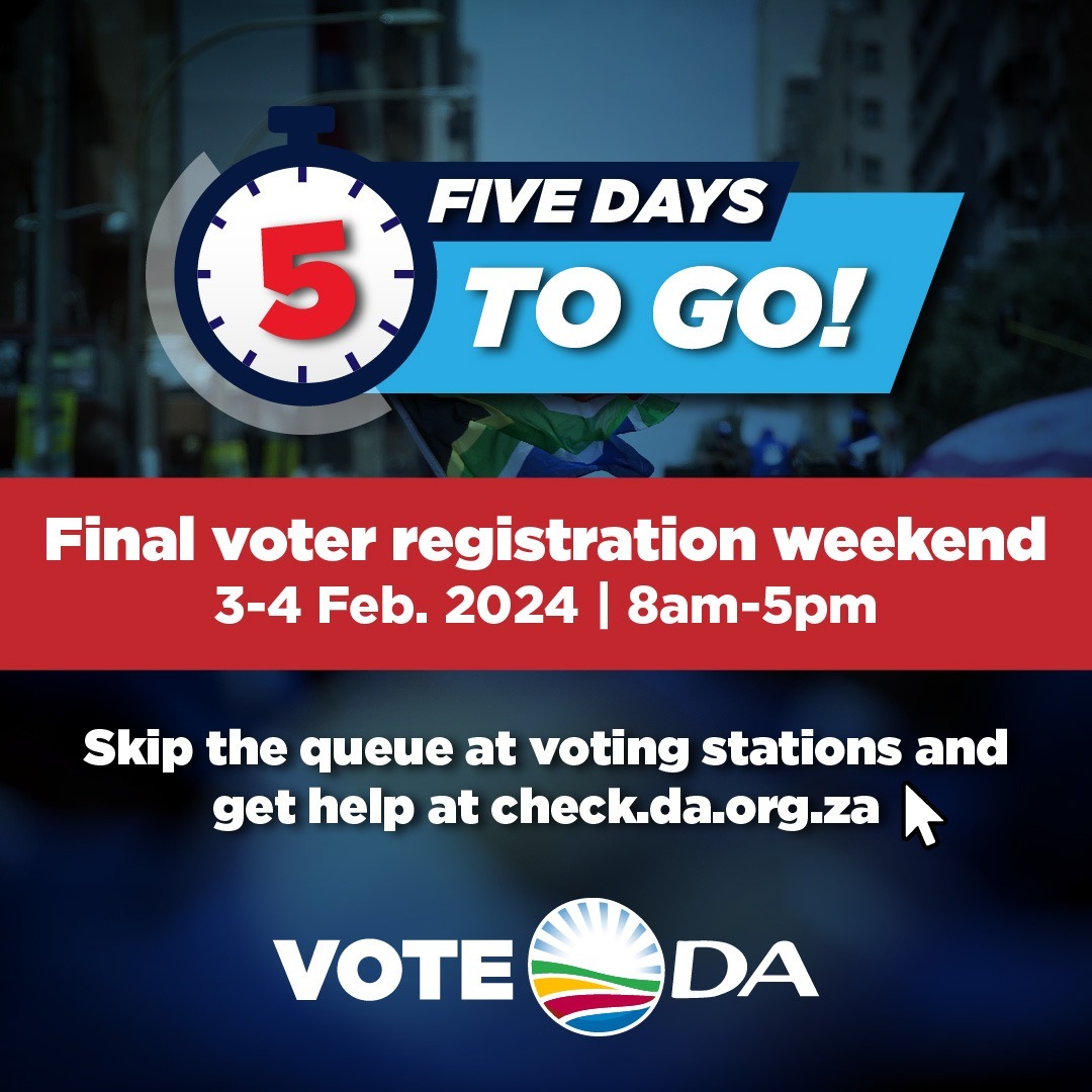 DA_GPL's tweet image. 🚨 5 DAYS TO GO! This weekend 3-4 Feb is your last chance to register to #RescueSA. Skip the queues and register online to vote. Go to check.da.org.za or dial *134*20004#.

A new law states that you may only vote at your correct voting station.

#RegisterToVoteDA