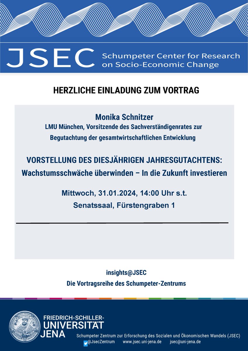 Wir freuen uns sehr, auch in diesem Jahr @MonikaSchnitzer gewinnen zu können, das aktuelle Jahresgutachten vorzustellen und laden alle Interessierten herzlich am Mittwoch in den Senatssaal ein. @UniJena