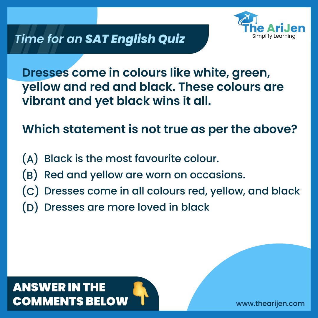 the_arijen's tweet photo. Test your English skills with the SAT English Quiz! ๐๐ก Comment your answers below and let's see who's acing the English section! ๐
#SATQuiz #EnglishMastery #TestPreparation #VocabularyChallenge #LanguageProficiency #QuizTime #SATExamPrep #EnglishLearning #TheArijen #SATs https://t.co/bGMJwXOSzZ