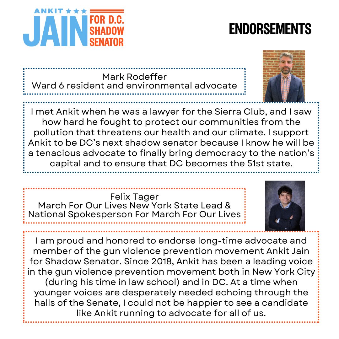 I am so thankful to have the support of a group of active, effective fighters for D.C. and our nation. Check out why <a href="/MattLaFortune/">Matt LaFortune</a>, Vinay Orekondy, <a href="/aeidinger/">Adam Eidinger</a>, <a href="/markrodeffer/">Mark Rodeffer</a>, and <a href="/ftager_/">Felix Tager</a> (in personal capacity) are supporting me! #DCStatehood