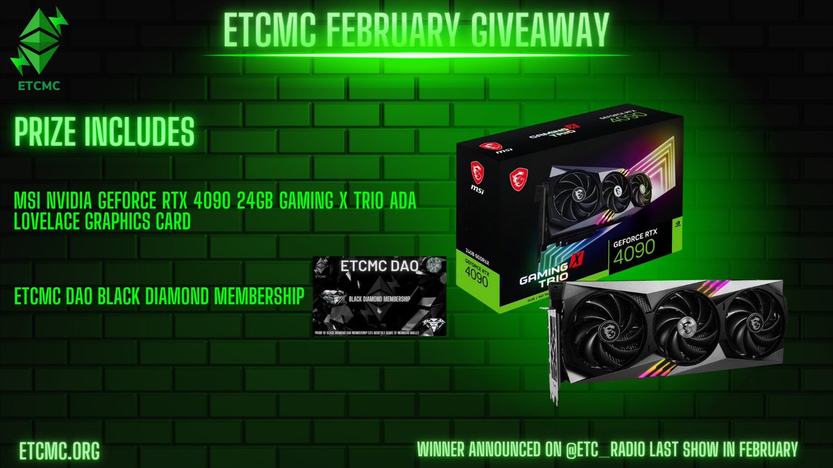 #ETCMC HUGE February #Giveaway🚀 🚀🥳
To enter,
🔥Like, retweet, tag 4 friends.      
🔥Follow <a href="/ETCMC777/">ETCMC</a>
🔥Follow <a href="/ETC_Radio_/">ETC Radio</a>
🔥Comment #ETC 
🔥Join the ETCMC Telegram t.me/+tZVSbPGAaWM1Y……  
Winner announced on <a href="/ETC_Radio_/">ETC Radio</a> Last show in Feb.
#EthereumClassic #NFTCommunity