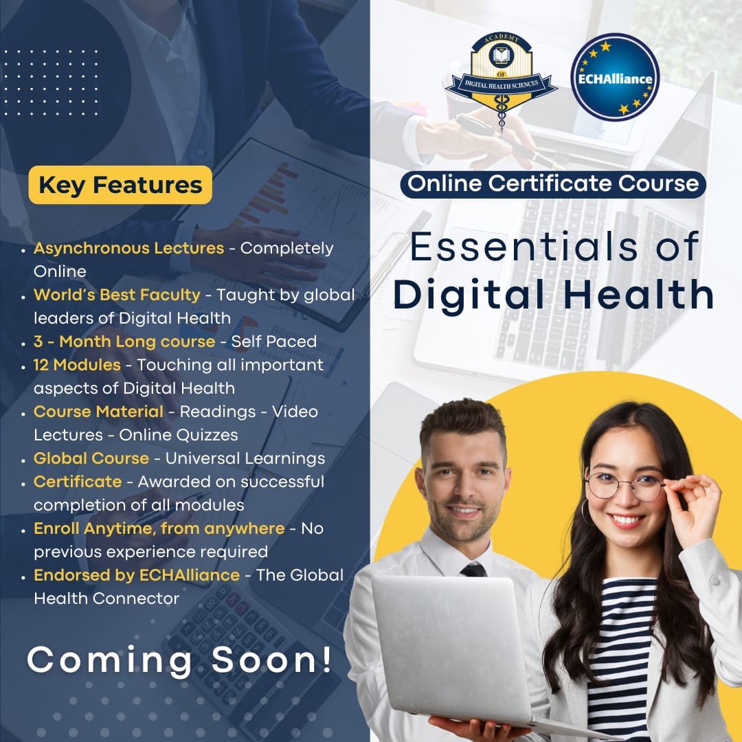 DigitalHLTHEdu's tweet photo. Get ready! Applications for the upcoming online certificate course "Essentials of Digital Health" are about to open. This 3-month, self-paced program is entirely online and is endorsed by the @ECHAlliance.
Stay tuned for updates and further information. https://t.co/TXzogm34Sl