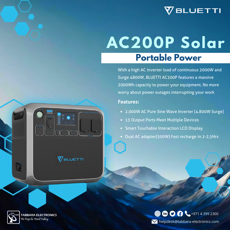 The AC200P allows hikers to access reliable power even in remote locations where traditional power sources are unavailable. 

#TabbaraElectronics #Bluetti #abudhabi #dubai  #middleeast #uae #OutdoorPower #HikingEssentials #SolarEnergy
#ملتزمون_ياوطن
#نتصدر_المشهد